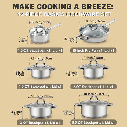 Kitchen Cookware Sets, 12-Piece Basic Stainless Steel Pots and Pans, Silver | Stay-Cool Handle, Induction Compatible, Dishwasher and Oven Safe2