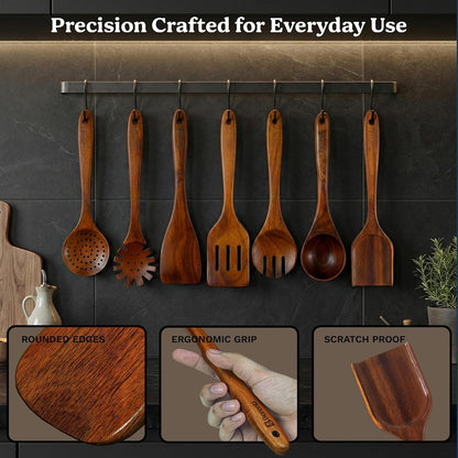 Wooden Utensil Set, 7 Piece Acacia Wood Cooking Utensils7