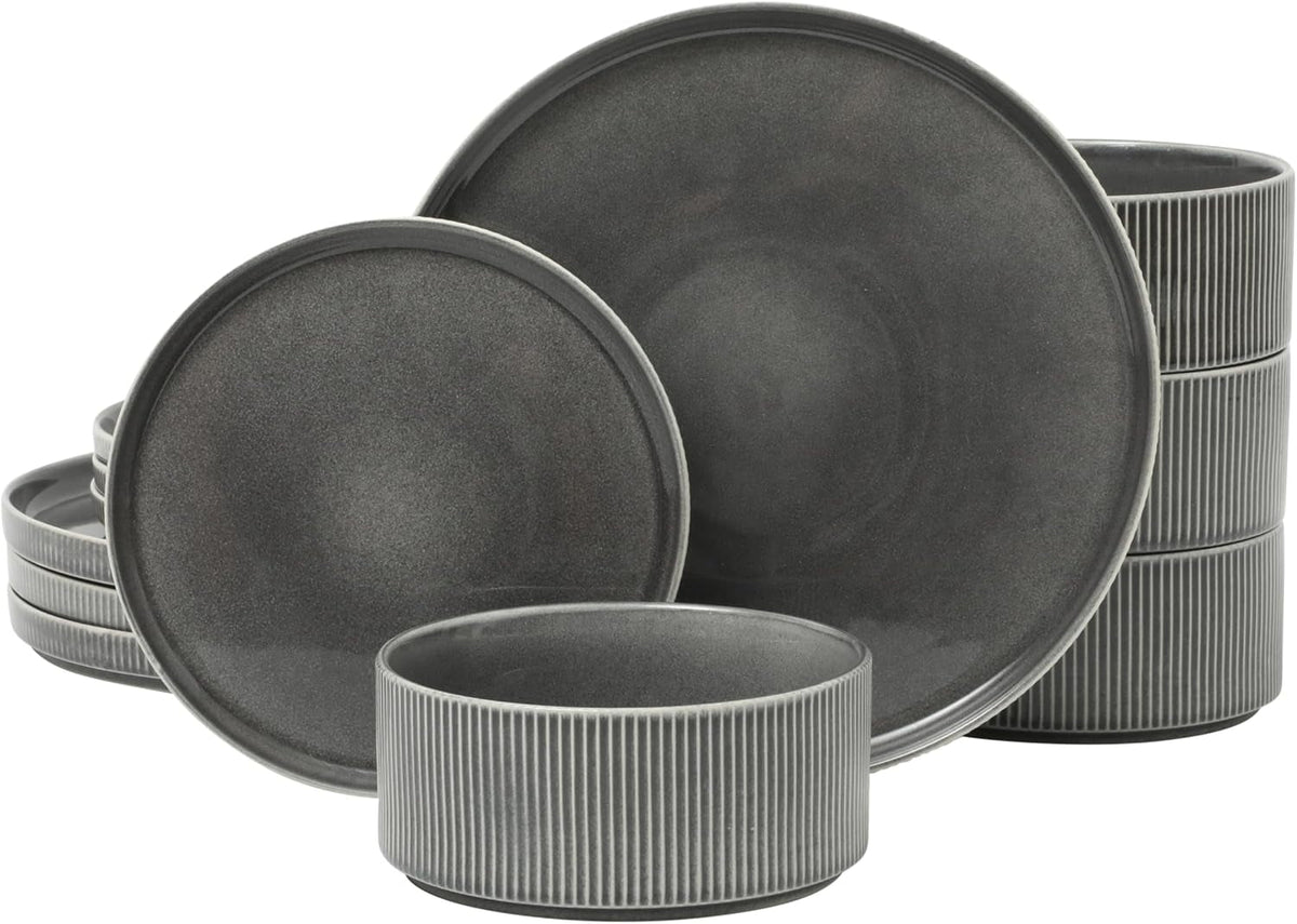 solana-coast-12-piece-stoneware-reactive-glaze-service-for-4-ceramic-plates-and-bowls-modern-shape-embossed-dinnerware-set-black