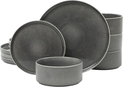 Solana Coast 12 Piece Stoneware Reactive Glaze (Service for 4) Ceramic Plates and Bowls Modern Shape Embossed Dinnerware Set - Black1