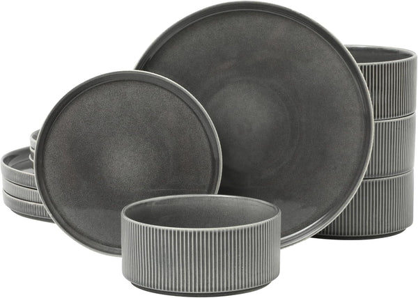 Solana Coast 12 Piece Stoneware Reactive Glaze (Service for 4) Ceramic Plates and Bowls Modern Shape Embossed Dinnerware Set - Black1