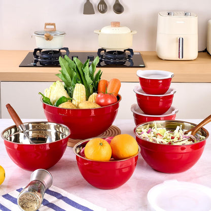 Red Mixing Bowls with Lids Set of 7, Stainless Steel Nesting Bowl with Khaki Lid for Non-Slip Mixing Prepping Storing Serving, 7 Sizes-7/3.6/2.7/2.1/1.5/1/0.8 QT7
