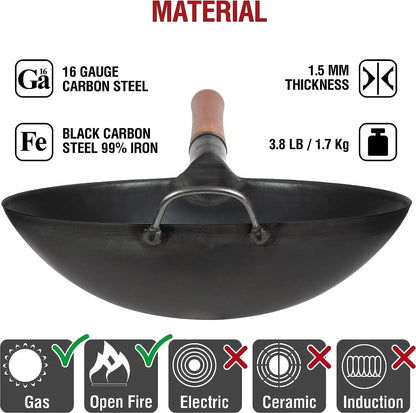 Carbon Steel Woks and Stir Fry Pans 14" + 17’’ Wok Spatula and Ladle + Reusable Natural Wooden Long Cooking Chopsticks Set of 3 Pairs4
