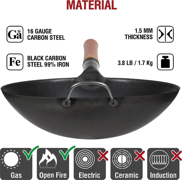 Carbon Steel Woks and Stir Fry Pans 14" + 17’’ Wok Spatula and Ladle + Reusable Natural Wooden Long Cooking Chopsticks Set of 3 Pairs4