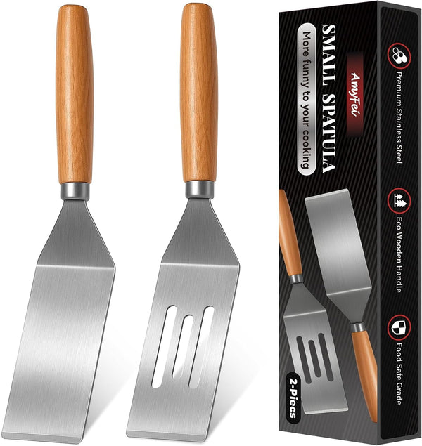 Stainless Steel Mini Spatula,Wooden Handle Small Spatula for Steak,Burger1