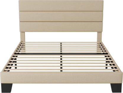 Queen Size Platform Bed Frame with Fabric Upholstered Headboard8