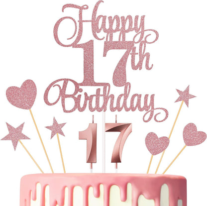 17Th Birthday Cake Decorations, 17Th Birthday Candles Cake Numeral Candles and Glitter Happy 17Th Birthday Cake Toppers Set for Birthday Party Supplies (Rose Gold)1