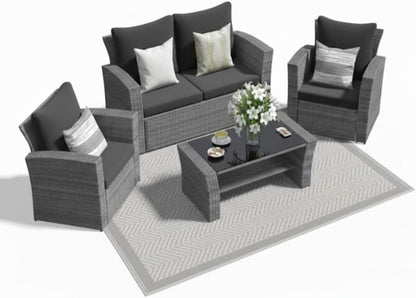 Wicker Patio Conversation Set with Tempered Glass Table and Outdoor Cushions for Backyard Living1