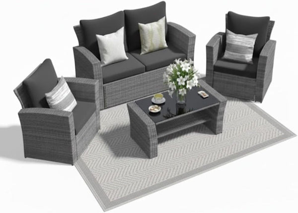 Wicker Patio Conversation Set with Tempered Glass Table and Outdoor Cushions for Backyard Living1