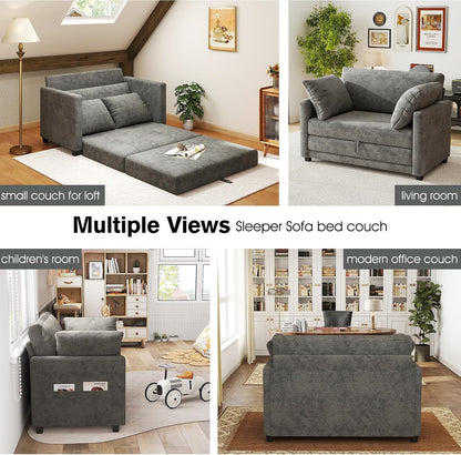 51" Loveseat Sleeper Sofa Bed, Chenille Convertible Floor Sofa Bed for Small Spaces, Folding Couch Bed with Deep Seat, 2 Pillows & Solid Frame, Pull Out Floor Couch for Living Room, Grey7