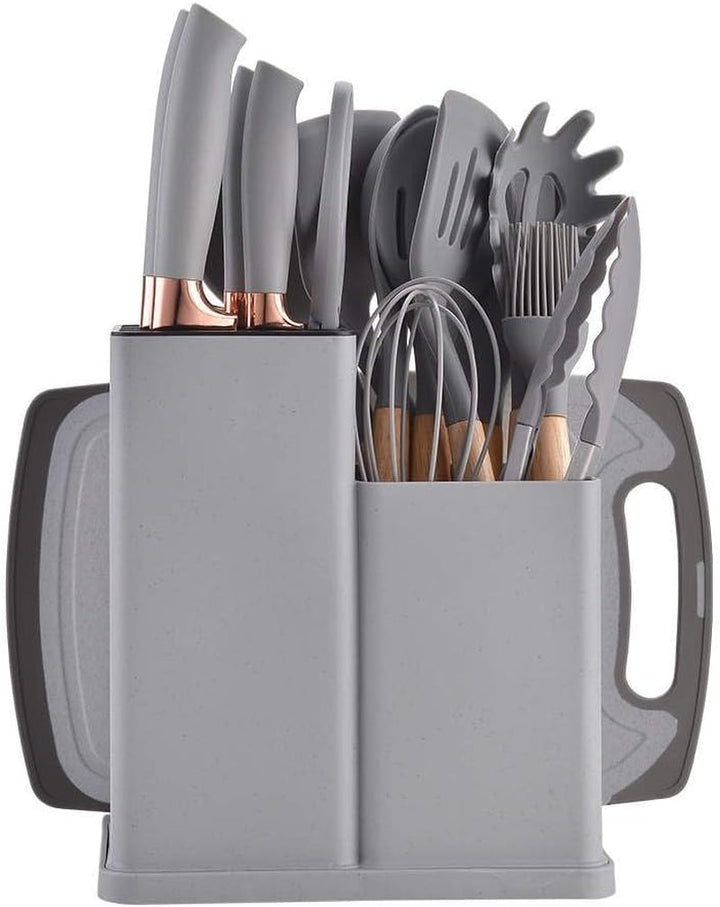 Kitchen Utensils Set & Knife Set with Block, 19 Piece All-In-One Cooking Set, 12 Nonstick Silicone Utensils + 5 Sharp Stainless Steel Chef Knives + Cutting Board, Dishwasher Safe Gift Set (Gray)