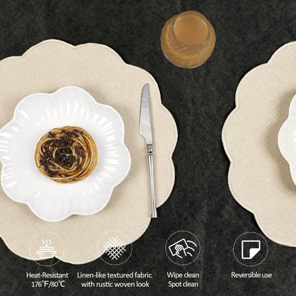 round Faux Linen Placemats Set of 6 Waterproof Table Mats Heat Resistant Non-Slip and Stain Proof for Kitchen Dining Elegant Decor (Beige,6)3