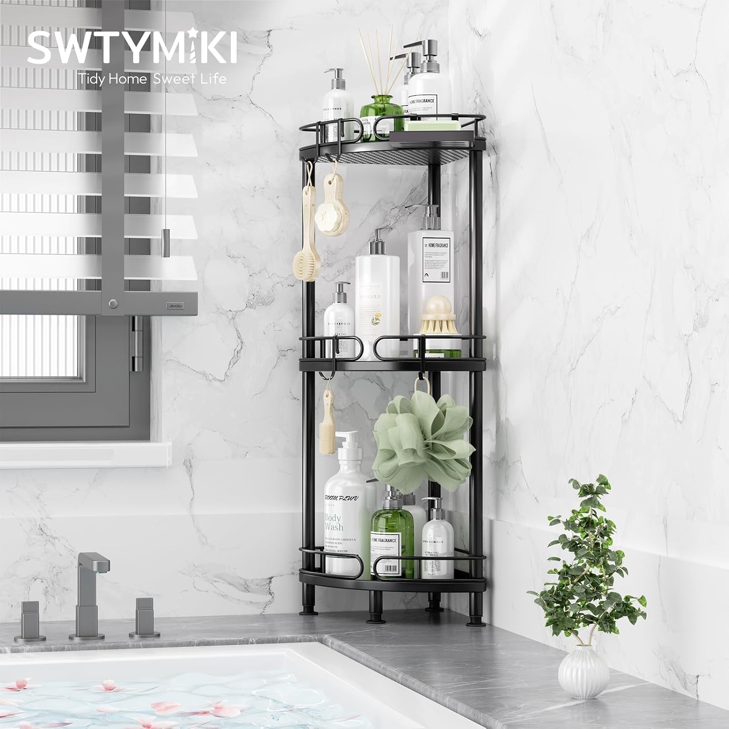 corner-shower-caddy-standing-3-tier-rustproof-metal-shower-organizer-stand-with-soap-holder-and-4-hooks-freestanding-floor-shower-storage-stands-for-bathroom-black