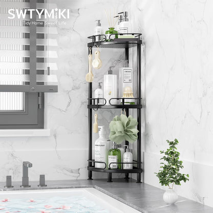 Corner Shower Caddy Standing - 3 Tier Rustproof Metal Shower Organizer Stand with Soap Holder and 4 Hooks, Freestanding Floor Shower Storage Stands for Bathroom, Black3