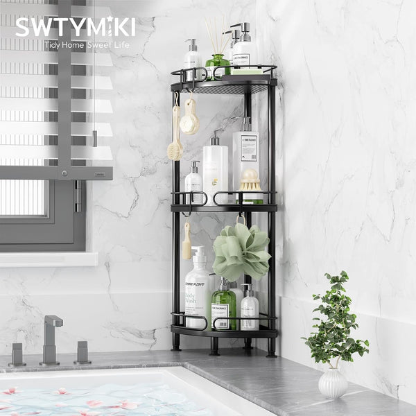 Corner Shower Caddy Standing - 3 Tier Rustproof Metal Shower Organizer Stand with Soap Holder and 4 Hooks, Freestanding Floor Shower Storage Stands for Bathroom, Black3