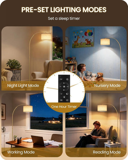 75" Arc Floor Lamp with Marble Base and Adjustable Height, Rotating Hanging Shade, Dimmable Gold Floor Lamp for Living Room with Remote and Foot Switch, 3 Color Temperatures, Timer, DE15LD057