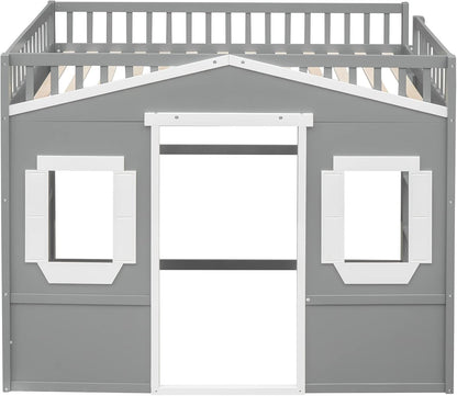 Full Size Wood Loft Bed, House Bed Frame with Ladder and Safety Guardrails for Kids, No Box Spring Needed, Gray+White3