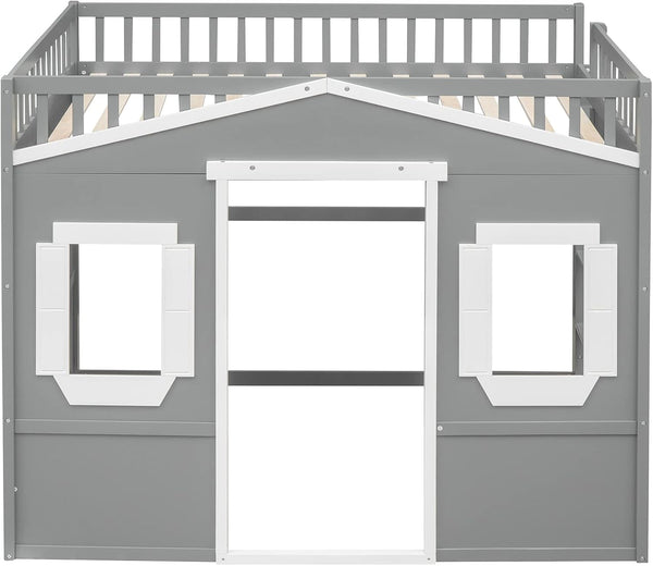 Full Size Wood Loft Bed, House Bed Frame with Ladder and Safety Guardrails for Kids, No Box Spring Needed, Gray+White3