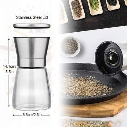 Salt and Pepper Grinder Set with Wooden Standing Tray, Refillable Pepper Mill Set - Brushed Stainless Steel - Short Glass Shakers with Adjustable Coarseness for Peppercorn, Salt or Spice Mills5