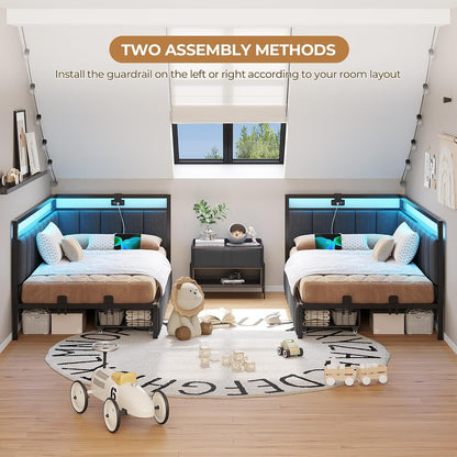 Twin Corner Bed Frame with 2 Storage Drawers and Charging Station Twin Bed Frames with Storage and Led Lights Twin Size Daybed for Kids Teen with Upholstered Guardrail,No Box Spring Needed,Gray7