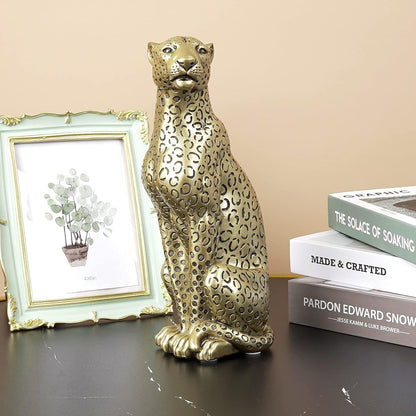 Cheetah Statue Home Decor Leopard Sculpture Resin Sitting Cheetah Figurine Desktop Table Top Ornament Decoration for Home Office Champagne Gold3
