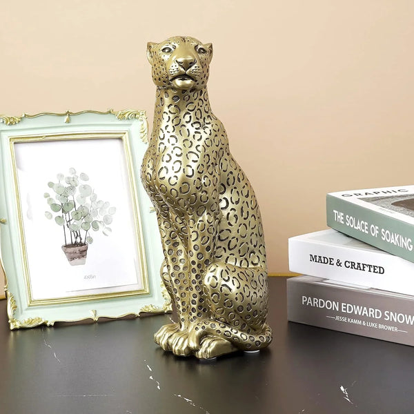 Cheetah Statue Home Decor Leopard Sculpture Resin Sitting Cheetah Figurine Desktop Table Top Ornament Decoration for Home Office Champagne Gold3