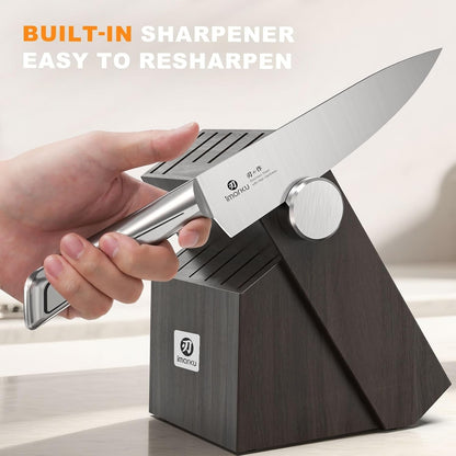 G14 Japanese Kitchen Knife Set, Stainless Steel with Block, 14Pc | Built-In Sharpener, Nonslip Handle, Dishwasher Safe. 56HRC High-Carbon Steel, FSC Wood Block, Rust-Resistant. for Gifting.5