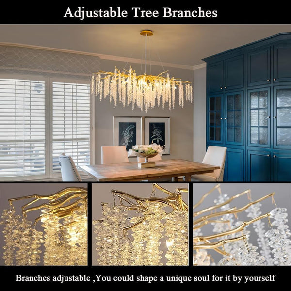Tree Branches Chandeliers L39.5 Inch Gold Luxury Rectangular Crystal Raindrop Pendant Light 13 Lights Kitchen Island Hanging Light Fixture for Living Room Dining Room Foyer Entryway6