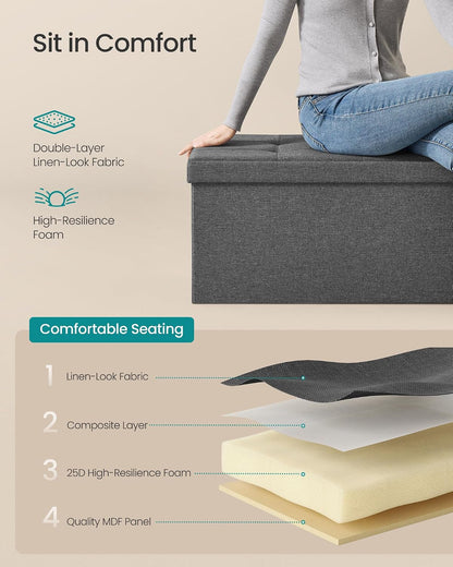 SONGMICS MAZIE Collection - 43 Inches Folding Storage Ottoman Bench, Ottoman Foot Rest, End of Bed Bench, Storage Chest, Load 660 Lb, for Living Room, Bedroom, Entryway, Dark Gray ULSF77K5
