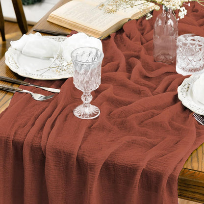 Boho Cheesecloth Gauze Terracotta Wedding Table Runner, 120 Inch Seasonal Fall Thanksgiving Fabric Kitchen Dining Holiday Table Decor for Home Party Indoor1