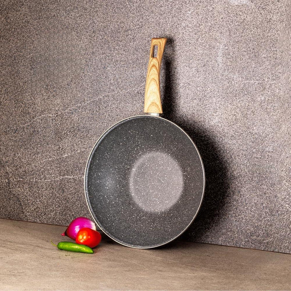 Nonstick Wok Pan 11 Inch Enamel Steel Gray | Induction Compatible, All Stovetop Ready, Even Heat Cooking, Wood-Look Handle, Lightweight Design, Easy Cleanup8