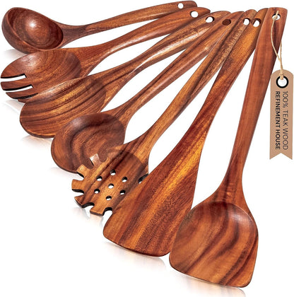 Premium Teak Wooden Utensil Set, 7-Piece Handcrafted Cooking Spoons & Spatulas – Nonstick Safe, Durable, Heat-Resistant Wooden Utensils for Everyday Cooking1