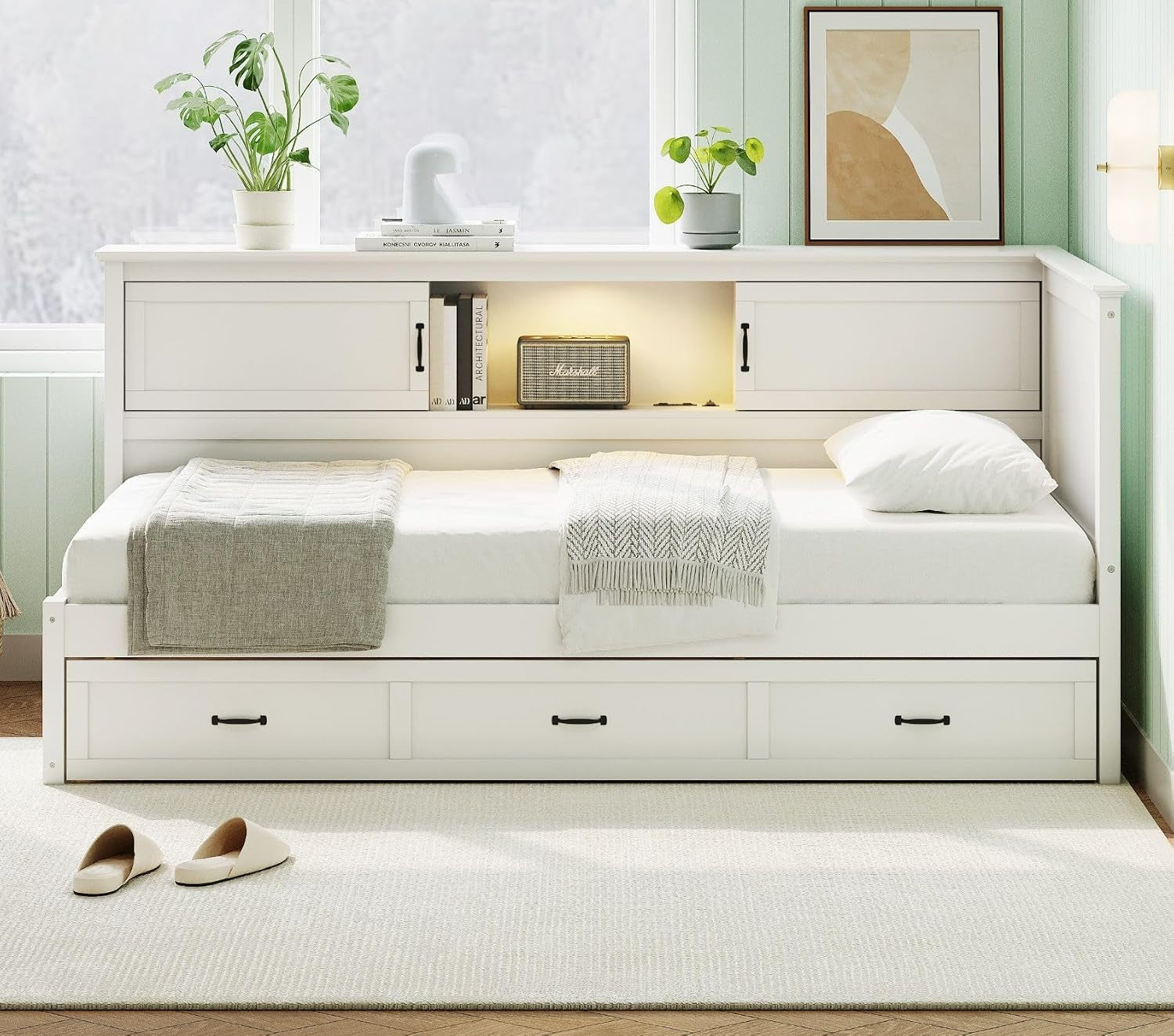 full-size-corner-bed-frames-with-storage-drawers-bookcase-charging-station-led-downlight-wooden-l-shaped-captain-daybed-platform-for-small-room-bedroom-guest-room-kidsroom-white