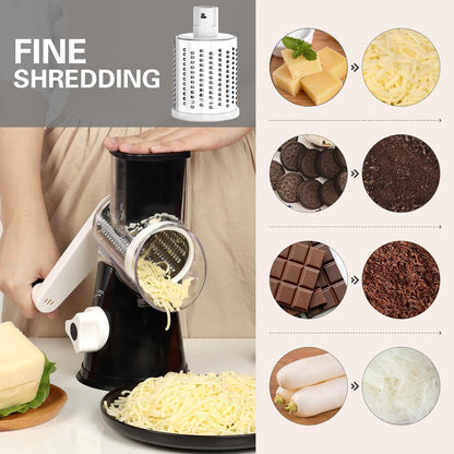 Rotary Cheese Grater Hand Crank Cheese Shredder, Black | for Fresh Cheese, Vegetable, Nuts,Non-Slip Suction Base, Three Blades4