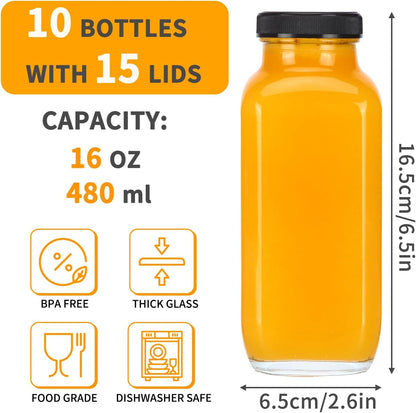 10Pcs 16Oz Glass Juice Bottles with Lids | Reusable Juice Containers Drinking Jars Water Cups with Brush, Glass Straws, Lids with Hole2