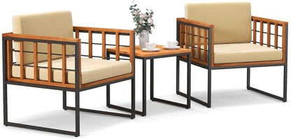 3 Pieces Patio Chair Set, Acacia Wood Outdoor Sofa Set with Metal Support, Soft Seat & Back Cushions Included, Cushioned Bistro Set for Balcony, Porch, Backyard (Beige)1