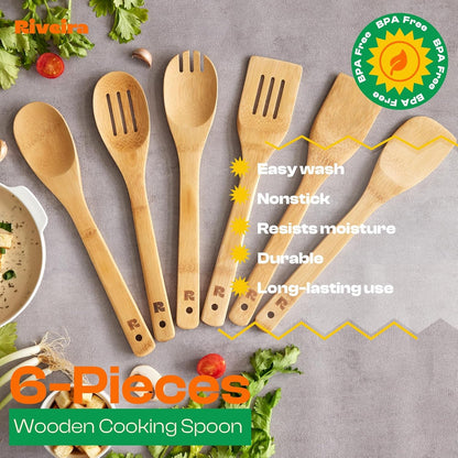 Bamboo Cooking Spoons 6-Piece – Wooden Cooking Utensils Set with Wooden Spoons for Cooking & Spatulas Wooden Utensil Sets – Premium Kitchen Utensils Set – Durable First Apartment Essentials5
