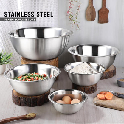 Premium Stainless Steel Mixing Bowls, Set of 5 Brushed Stainless Steel Mixing Bowl Set, Easy to Clean, Space Saving, Great for Cooking, Baking, Prepping (5 Pc Mixing Bowl)5
