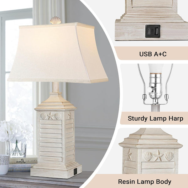 Coastal Table Lamps Set of 2, Beach Living Lamps for Bedroom with USB A+C, Washed White Modern Resin LED 3-Color Temperature Bedside Nautical Decor, Nightstand Tropical Lamps for End Table.5