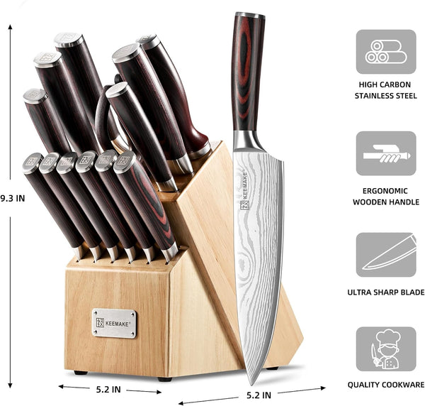 14 Pcs Kitchen Knife Set with Block, Ultra Sharp Knife Block Set | Japanese High Carbon Stainless Steel, Professional Chef Knife Set with Ergonomic Pakkawood Handle and Sharpener8
