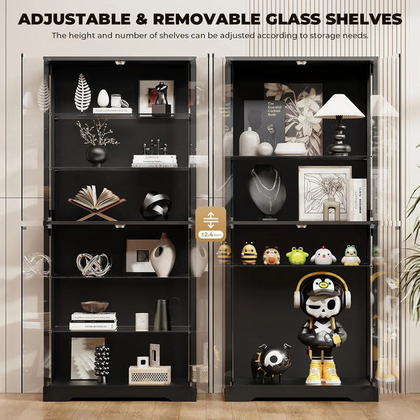 71" Tall Display Cabinet with Glass Door and 3-Color Lights, Black | 6-Tier Curio Cabinet for Collectibles, Display Case with Adjustable Glass Shelves, Human Body Sensor, Storage Cabinets6