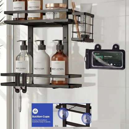 Over the Door Shower Caddy Hanging, Rustproof Shower Shelves with Waterproof Phone Pouch, 2-Tier Adjustable Bathroom Organizers and Storage, No Drilling Shower Shelf, Black Shampoo Soap Holder5