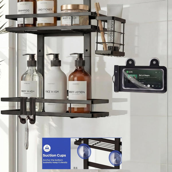 Over the Door Shower Caddy Hanging, Rustproof Shower Shelves with Waterproof Phone Pouch, 2-Tier Adjustable Bathroom Organizers and Storage, No Drilling Shower Shelf, Black Shampoo Soap Holder5