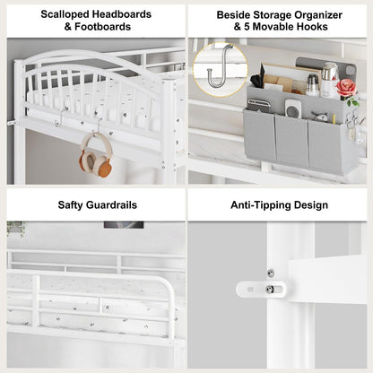 Metal Bunk Bed Twin over Twin, Heavy Duty Industrial Bunkbeds for Adult&Teen with Bedside Caddy, EVA Anti-Slip Convertible Ladder&Flat Rungs, Space Saving Bunkbeds Frame for Bedroom Dorm(White)4