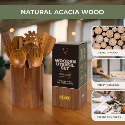 XXL Wooden Utensil Set, 13-Piece Acacia Wood Tools with Holder & Spoon Rest7