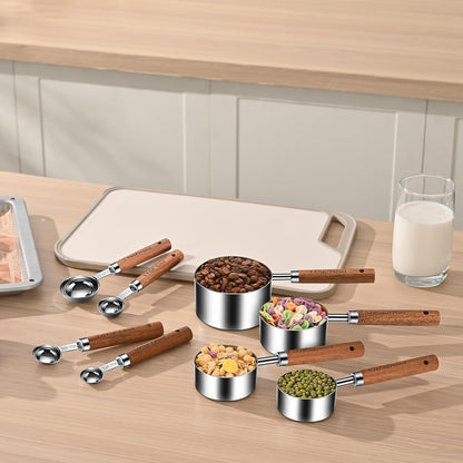 Wooden Handle Measuring Cups & Spoons Set 8-Piece – Stainless Steel, Stackable, Rustic Farmhouse Kitchen Gadgets, Non-Toxic, Dishwasher Safe, Gift for Bakers & New Homeowners.6