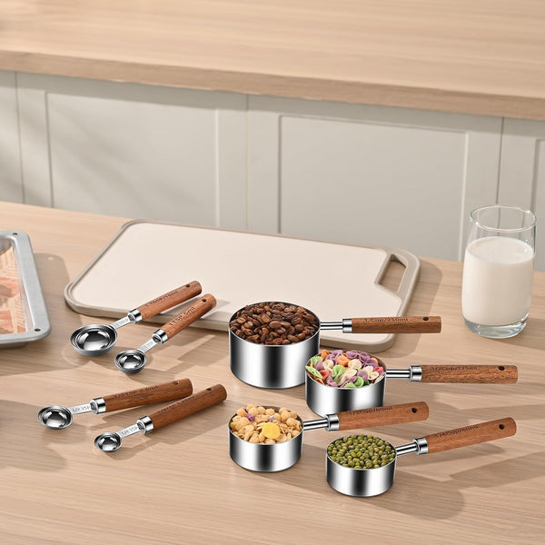 Wooden Handle Measuring Cups & Spoons Set 8-Piece – Stainless Steel, Stackable, Rustic Farmhouse Kitchen Gadgets, Non-Toxic, Dishwasher Safe, Gift for Bakers & New Homeowners.6