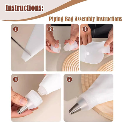 9-Piece Reusable Piping Bags and Tips Set with Stainless Steel Nozzles | Thick Cotton Bag, 6 Stainless Steel Tips, Secure Coupler and Brush for Cakes, Cupcakes and Cookies Decorating, Easy to Reuse8