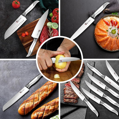 Japanese Knives Set for Kitchen, Magnetic Knife Set with Block and Sharpener, Stainless Steel Knife Set as Gift for Couple, Wedding, Women or Mom with Gift Box, 14 PCS Black Dot7