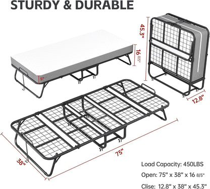 Folding Bed, 75" X 38" Twin Size Frame, Folding Bed with 5-Inch Memory Foam Mattress, Metal Foldable Twin Bed for Adults, Space Saving Portable Roll Away Beds for Easy Storage3